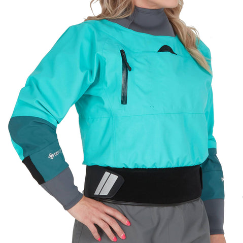 NRS Women's Rev GORE-TEX Pro Dry Top in Mediterranea/Aqua model frontcrop