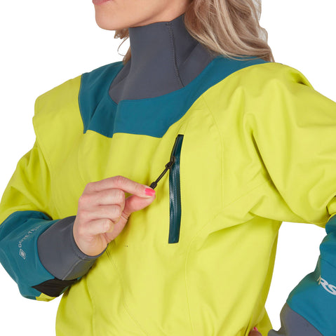 NRS Women's Nomad GORE-TEX Pro Semi-Dry Suit in Chartreuse model chest pocket