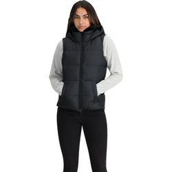 Outdoor Research Women's Coldfront Hooded Down Vest II in Black model view front