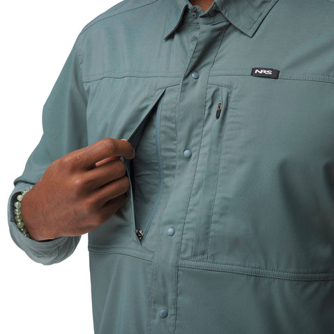 NRS Men's Switch Hybrid Long-Sleeve Shirt in Slate model pocket