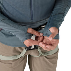 Patagonia Men's R1 Pullover Hoody close up of model showing thumbholes