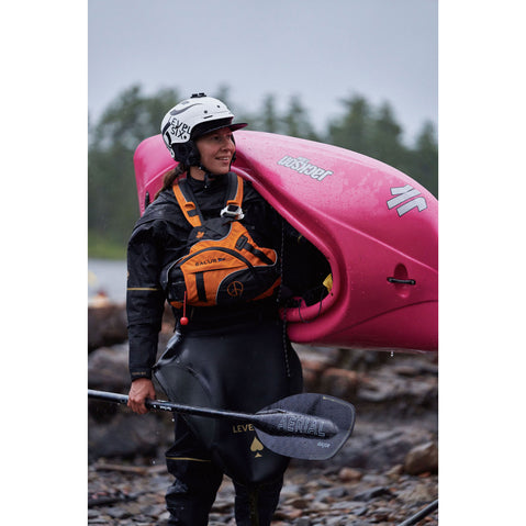 Aqua-Bound Aerial Major Carbon Straight Shaft 1-Piece Kayak Paddle held by a kayaker