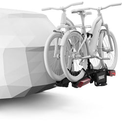 Thule Epos 2-Bike HItch Rack With Lights in Black attached with bikes