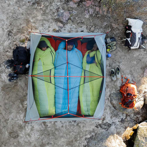 MSR Hubba Hubba LT 3 Person Backpacking Tent view from the top of three campers in the tent
