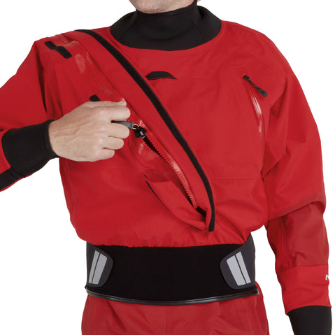 NRS Men's Crux Drysuit in Red model entry zipper