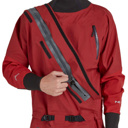 NRS Men's Explorer Semi-Dry Suit in Red model entry zipper