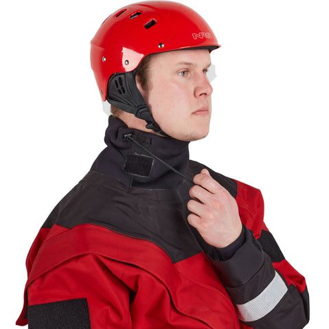 NRS Ascent SAR GORE-TEX Dry Suit in Red model neck closure