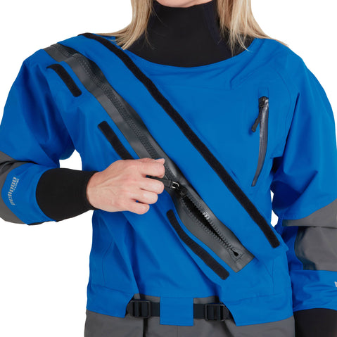 NRS Women's Explorer Semi-Dry Suit in Blue model entry zipper