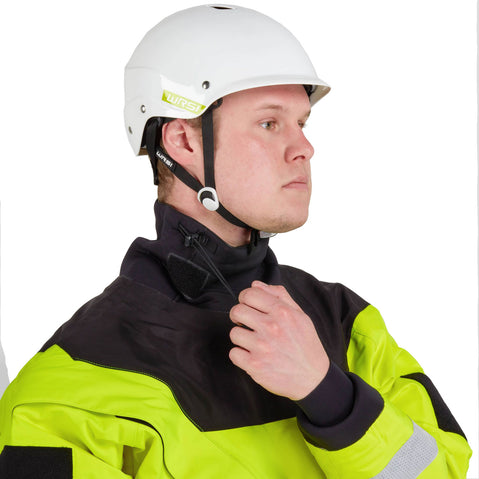 NRS Ascent SAR GORE-TEX Dry Suit in Safety Yellow model neck closure