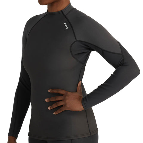 NRS Women's HydroSkin 1.0 Long Sleeve Shirt in Black/Graphite model side