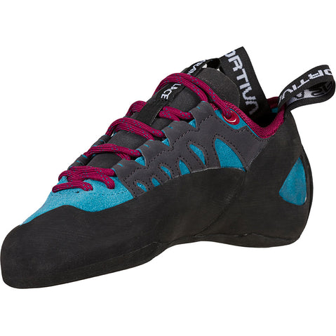 La Sportiva Women's Tarantulace Rock Climbing Shoes in Topaz/Red Plum left
