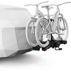 Thule Epos 2-Bike HItch Rack in Black attached with bikes