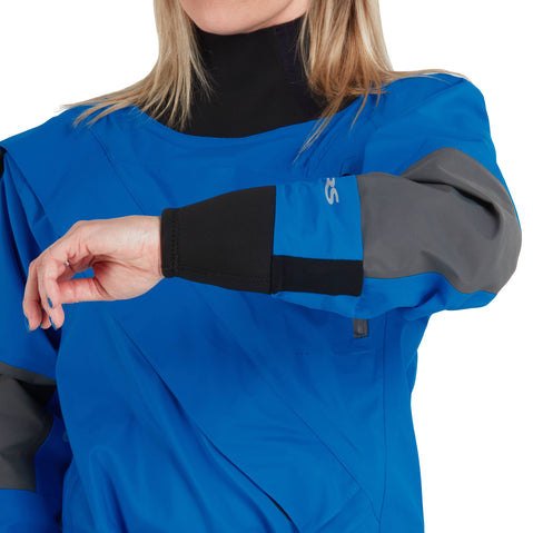 NRS Women's Explorer Semi-Dry Suit in Blue model wrist drain