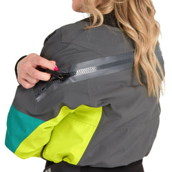 NRS Women's Pivot Dry Suit in Jade/Lime model rear entry zipper