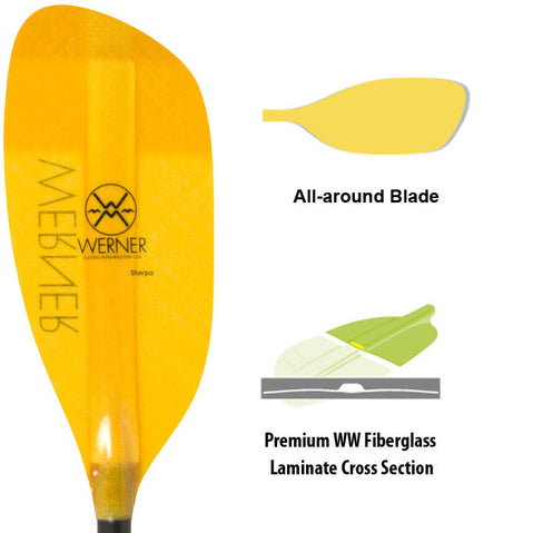 Werner Sherpa Fiberglass Straight Shaft Whitewater Kayak Paddle details