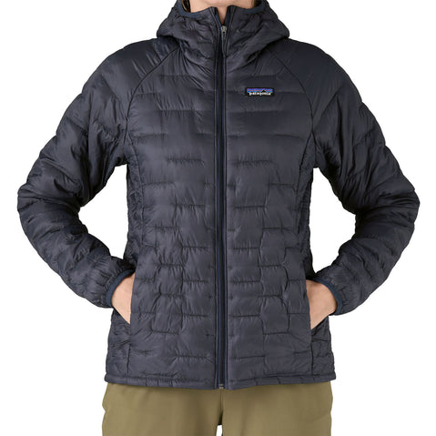 Patagonia Women's Micro Puff Hoody in Smolder Blue model pocketPatagonia Women's Micro Puff Hoody in Smolder Blue model pocket