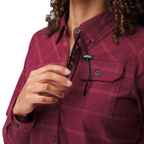 NRS Women's Campfire Flannel Shirt in Cabernet Plaid model detail
