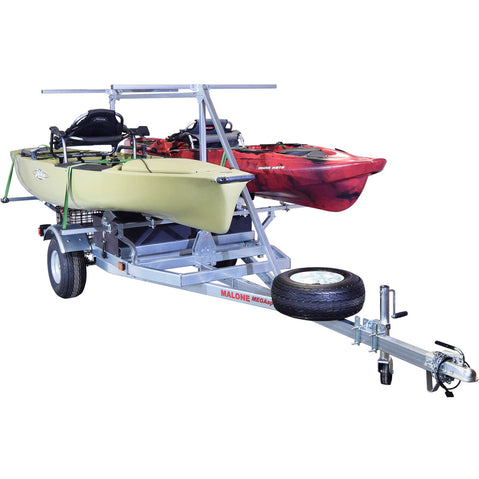 Malone Megasport 2-Boat Bunks Trailer Package w/ 2nd Tier with kayak loaded
