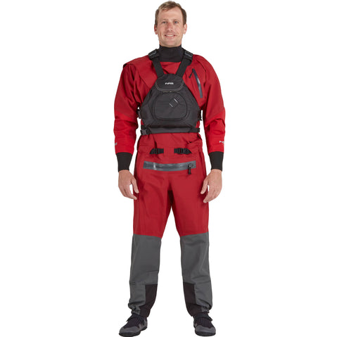 NRS Men's Explorer Semi-Dry Suit in Red model frontPFD