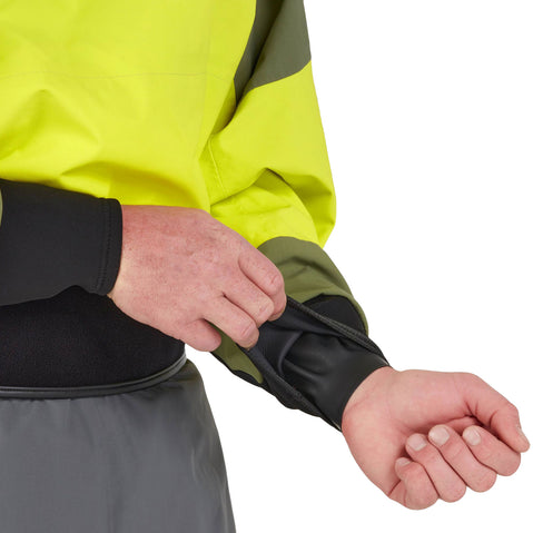 NRS Men's Rev GORE-TEX Pro Dry Top in Chartreuse model wrist gasket