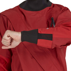 NRS Men's Explorer Semi-Dry Suit in Red model wrist drain