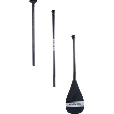 Level 6 3-Piece Carbon Adjustable SUP Paddle with Teardrop Blade in Silver disassembled
