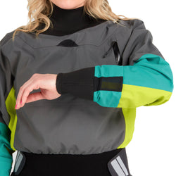 NRS Women's Pivot Dry Suit in Jade/Lime model wrist drain