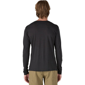 Patagonia Men's Cap Cool Merino Blend Graphic Long Sleeve Shirt in Heritage Header: Black model back