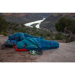 Big Agnes Roxy Ann 3N1 30 Degree Down Sleeping Bag in Lyons Blue/Teal camping sunrise