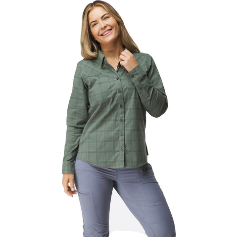 NRS Women's Campfire Flannel Shirt in Juniper Plaid model front