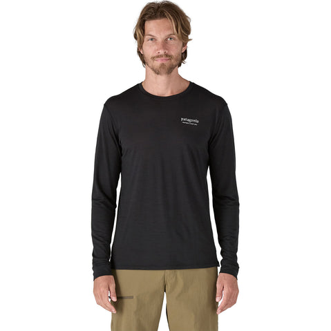 Patagonia Men's Cap Cool Merino Blend Graphic Long Sleeve Shirt in Heritage Header: Black model front