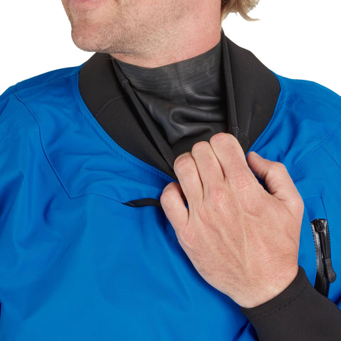 NRS Men's Flux Dry Top in Blue model neck gasket