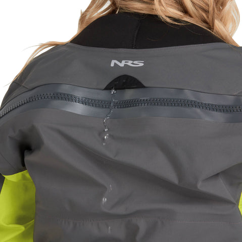 NRS Women's Pivot Dry Suit in Jade/Lime model neck drain