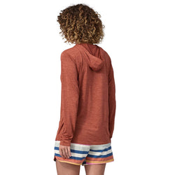 Patagonia Women's Capilene Cool Daily Hoody model Burl Red/Dark Burl Red X-Dye facing away
