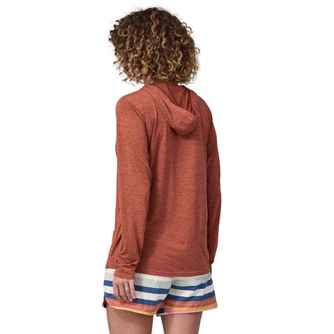 Patagonia Women's Capilene Cool Daily Hoody model Burl Red/Dark Burl Red X-Dye facing away