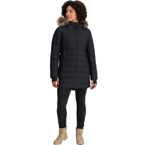 Outdoor Research Women's Coze Lux Down Parka in Black model full view