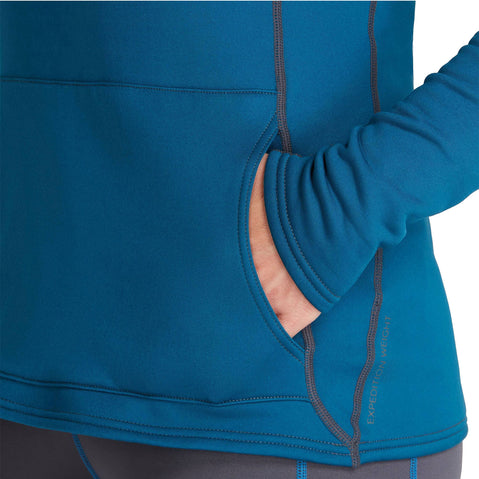 NRS Women's Expedition Weight Hoodie in Poseidon model pocket