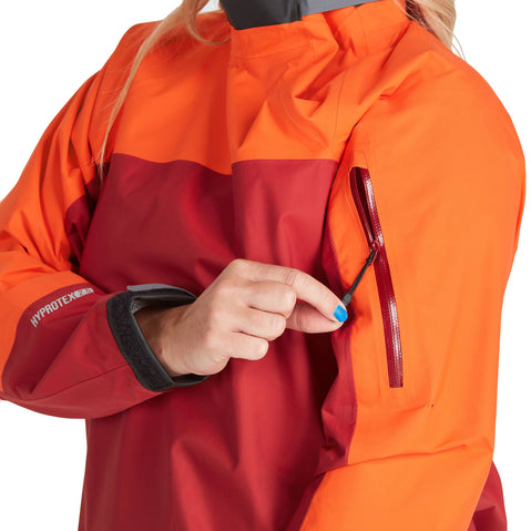 NRS Women's Endurance Paddling Jacket in Poppy/Vino model zipper