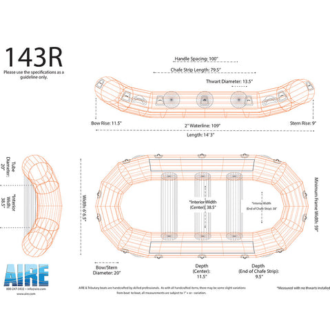 AIRE 143R Self-Bailing Raft in Orange diagram