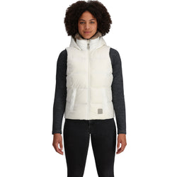 Outdoor Research Women's Coldfront Hooded Down Vest II in Snow model view front