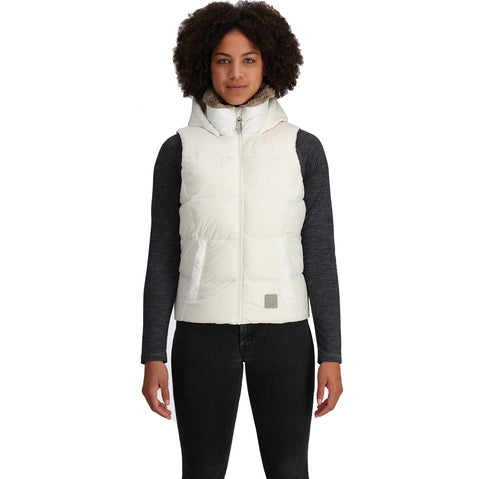 Outdoor Research Women's Coldfront Hooded Down Vest II in Snow model view front