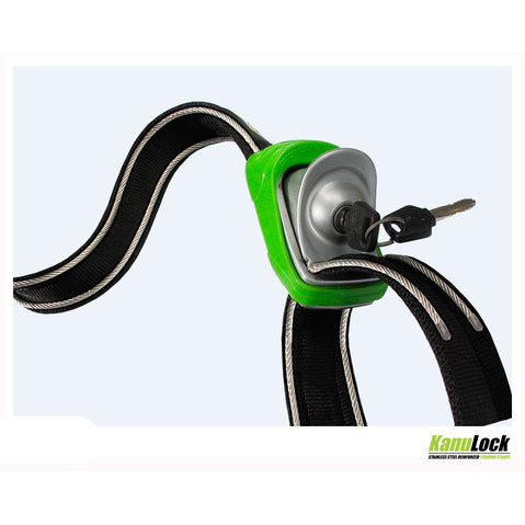 KanuLock Lockable Tiedown Straps in green with key inserted
