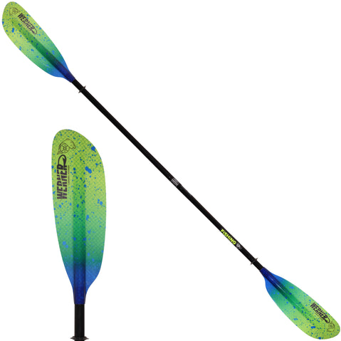 Werner Camano Hooked Fiberglass Fishing Kayak Paddle in Catch: Lime Drift angle