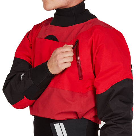 NRS Men's Jakl GORE-TEX Pro Dry Suit in Red model chest zipper
