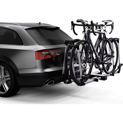 Thule Helium Platform XT 2 Bike Hitch Rack in Silver with bikes loaded back