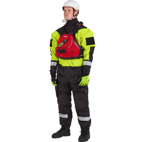 NRS Ascent SAR GORE-TEX Dry Suit in Safety Yellow model frontPFD