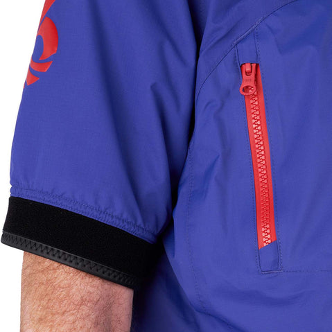 Level Six Huron Short Sleeve Paddling Jacket model in Ultraviolet chest pocket