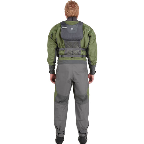 NRS Spyn Fishing Semi-Dry Suit in Olive model back pfd