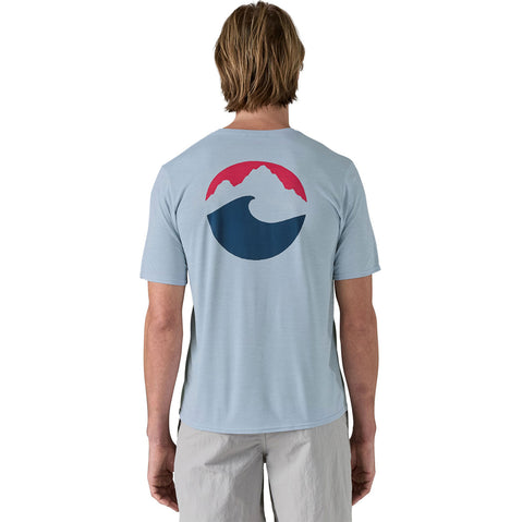 Patagonia Men's Cap Cool Daily Graphic Short Sleeve Shirt in Applied Imagination: Fleck Blue model back