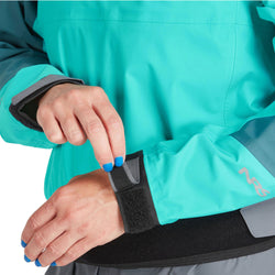 NRS Women's Helium Paddling Jacket in Mediterranea/Aqua model wrist closure